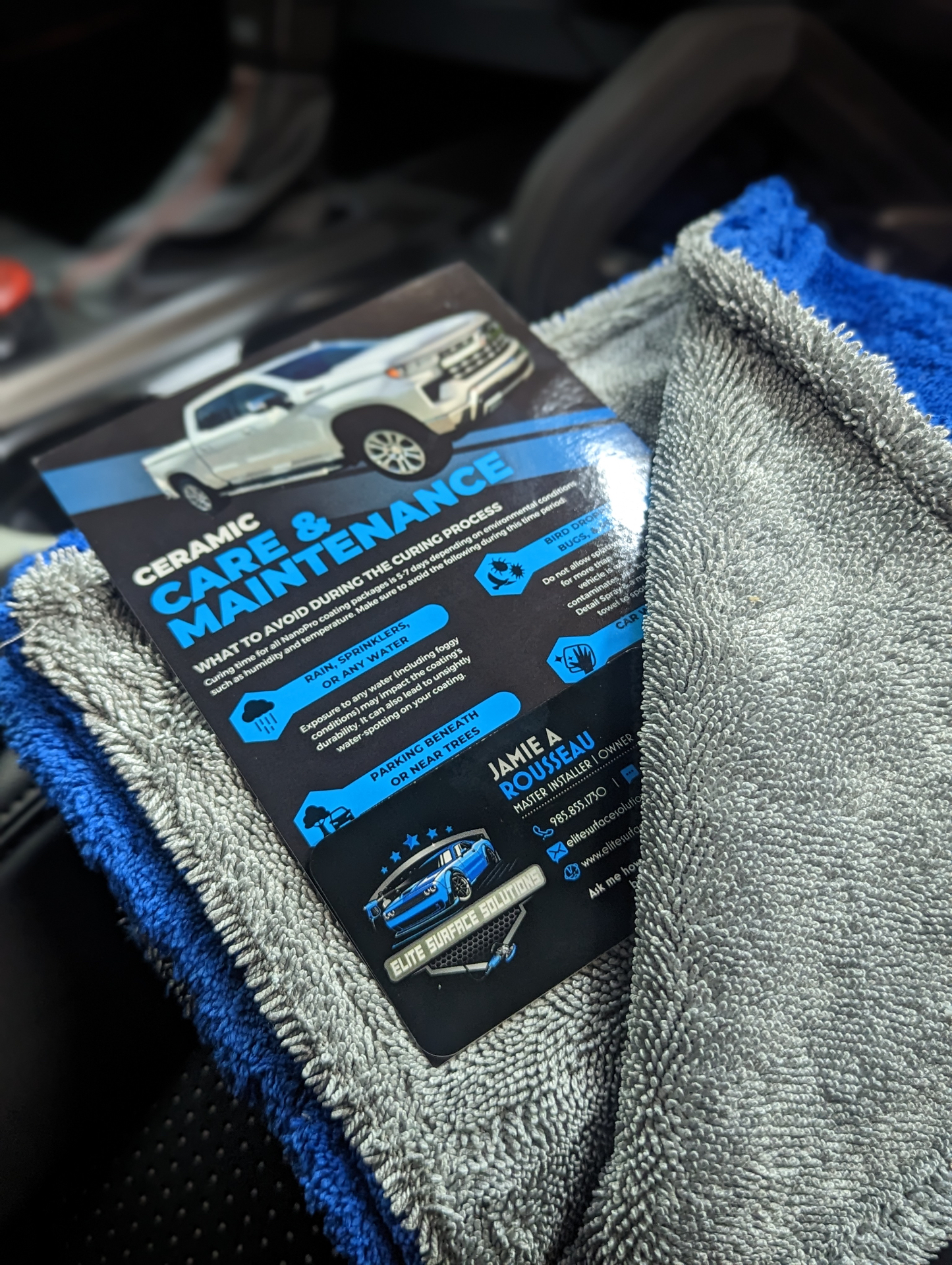 Elite Surface Solutions ceramic care & maintenance card with premium microfiber towel